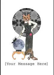 Customisable Whimsical Card by Katie Lee Studios - Displays a collaged image of a stylish woman (with a cat head) in a glittering dress, alongside a full moon atop an ornate table, set against a patterned backdrop