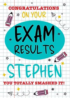 Funny Card by Biscuitmoon Designs - A quirky, notebook-themed card with pencils and scribbles, celebrating exam success with an oversized teal oval shouting 'Exam Results!'