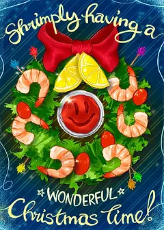 Charming Card by Skye Lame - illustrates a colorful wreath composed of shrimp and leafy greens, featuring a smiley face and topped with a red bow, with text "Shrimp-ly having a wonderful Christmas time!"