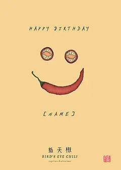 Editable Playful Card by Food For The Soul -  illustration featuring a smiling face made of a bird's eye chili and lime slices, with the text "HAPPY BIRTHDAY" on a warm yellow background