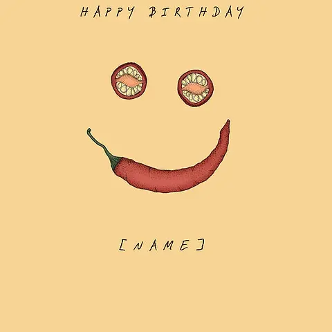 Editable Playful Card by Food For The Soul -  illustration featuring a smiling face made of a bird's eye chili and lime slices, with the text "HAPPY BIRTHDAY" on a warm yellow background