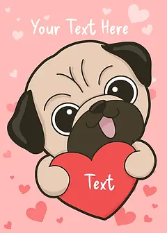 Playful Card by Pawsome Island - illustration of a happy pug holding a large red heart, surrounded by pink hearts on a light pink background 