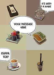 Customisable Whimsical Card by Sketcher Sid - Depiction of a tea cup, condiments, and snacks, highlighted by blank speech bubbles 
