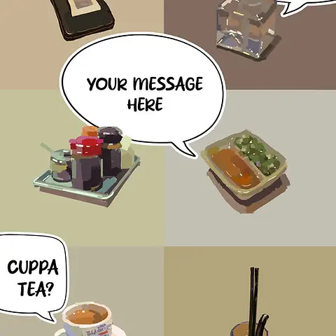 Customisable Whimsical Card by Sketcher Sid - Depiction of a tea cup, condiments, and snacks, highlighted by blank speech bubbles 