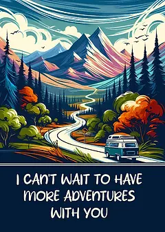 Artistic Card by Biscuitmoon Designs - Featuring a winding road through colorful mountains and forests, with the text 'I CAN'T WAIT TO HAVE MORE ADVENTURES WITH YOU' at the bottom