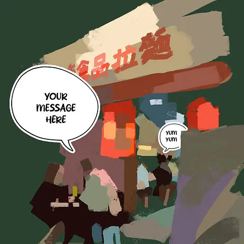Whimsical Card by Sketcher Sid - illustration of a bustling food stall, with figures interacting and colorful lanterns hanging, accompanied by speech bubbles saying "yum yum"
