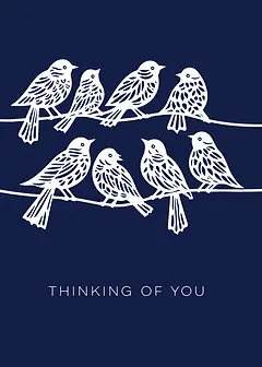 Charming Card by Biscuitmoon Designs - A rich navy backdrop showcasing a series of white birds on a branch, with a designated blank space beneath for personalisation