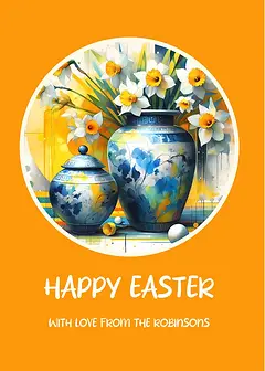 Charming Easter Card by Biscuitmoon Designs - illustration of vases with blue and yellow floral designs, complemented by yellow daffodils and an orange backdrop