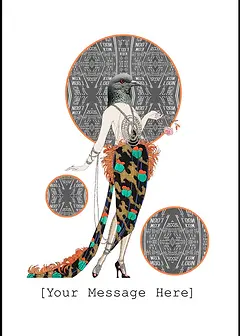Customisable Whimsical Card by Katie Lee Studios - Displays a fashionable figure with a bird head, elegantly posed with a flower, set against contrasting graphic designs