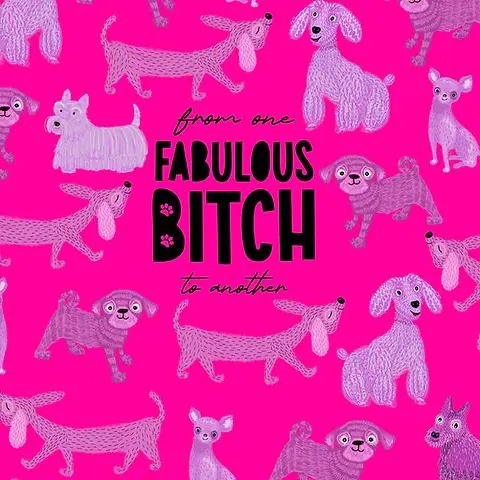 Playful Card by Little Sketch Studio - Depicts  text "from one FABULOUS BITCH to another" in a bold font, framed by a dynamic pattern of dog characters, bright pink background.