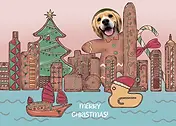 Playful Card by DWD - Features a whimsical array of gingerbread buildings and decorations, including a Christmas tree and playful elements like a sailboat and a rubber duck