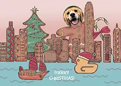 Playful Card by DWD - Features a whimsical array of gingerbread buildings and decorations, including a Christmas tree and playful elements like a sailboat and a rubber duck
