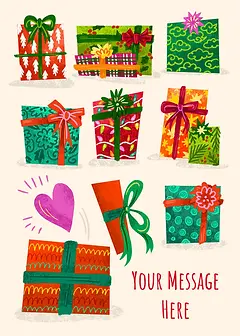 Gifts of Love Christmas card by Box of Hope featuring an assortment of colorful, patterned wrapped gifts and a pink heart.