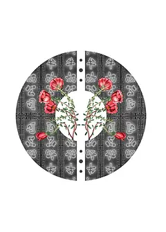 Artistic Card by Katie Lee Studios - Depicts a circle divided by intricate patterns, with bright red flowers emerging from the center, creating a visually engaging composition