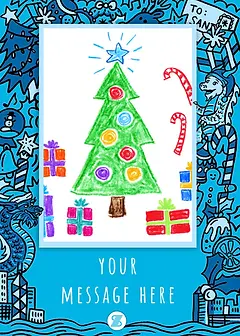Child's drawing of a Christmas tree with gifts by Discovery Bay International School, featuring a blue dragon border.