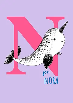 Playful Card by Little Sketch Studio -  Illustrates a prominent pink "N" with a friendly narwhal swimming next to it, all on a light lavender backdrop.