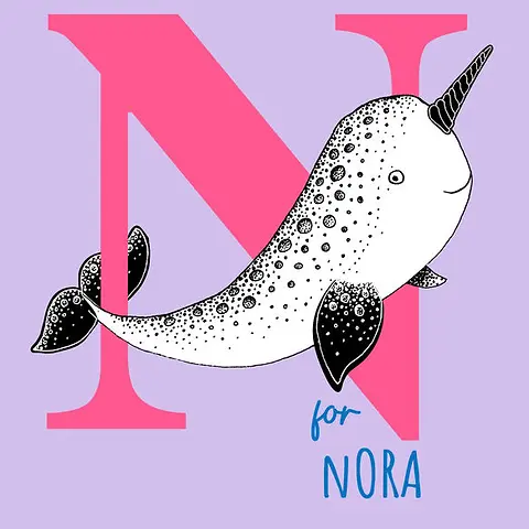 Playful Card by Little Sketch Studio -  Illustrates a prominent pink "N" with a friendly narwhal swimming next to it, all on a light lavender backdrop.