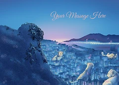 Captivating Card by DWD - Features a serene landscape where a mountain meets a city, with large, stylized leopard figures integrated into the scene, evoking a sense of wonder