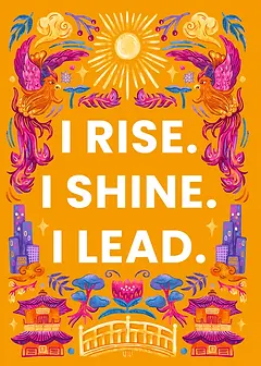 Empowerment greeting card by Roksaan features phoenixes, a sun, and cityscapes with the text I Rise. I Shine. I Lead.