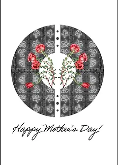 Artistic Card by Katie Lee Studios - Depicts a circle divided by intricate patterns, with bright red flowers emerging from the center, creating a visually engaging composition