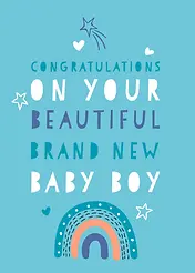 Joyful Card by Biscuitmoon Designs - Featuring the text 'Congratulations on your beautiful brand new baby boy' in playful fonts, with a rainbow and whimsical stars on a light blue background