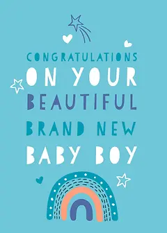 Joyful Card by Biscuitmoon Designs - Featuring the text 'Congratulations on your beautiful brand new baby boy' in playful fonts, with a rainbow and whimsical stars on a light blue background
