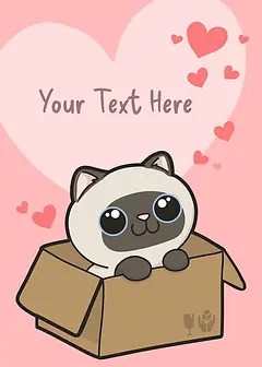 Playful Card by Pawsome Island - A happy cat with large, expressive eyes sits in a box, with hearts floating around it, creating a whimsical and adorable scene