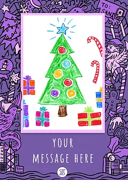 Hand-drawn Christmas tree with ornaments and gifts by Discovery Bay International School, on a purple phoenix-themed border.