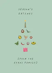 Minimalist Christmas Card by Food For The Soul - illustration of a Christmas tree made of various food items, including fruits and vegetables, with the text "SEASON'S EATINGS" above, set against a light green background