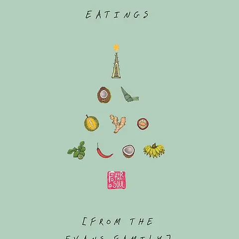 Minimalist Christmas Card by Food For The Soul - illustration of a Christmas tree made of various food items, including fruits and vegetables, with the text "SEASON'S EATINGS" above, set against a light green background