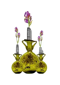 Bloom greeting card by Katie Lee Studios featuring three antique green vases with skyscrapers and purple irises inside.