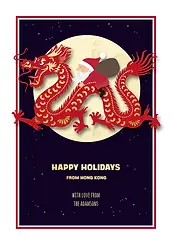Cheerful Card by Biscuitmoon Designs - Santa riding a red dragon, blending festive cheer with traditional Chinese elements, set against a navy night sky with a glowing moon