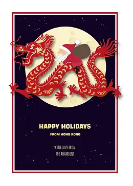 Cheerful Card by Biscuitmoon Designs - Santa riding a red dragon, blending festive cheer with traditional Chinese elements, set against a navy night sky with a glowing moon
