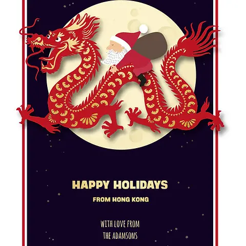 Cheerful Card by Biscuitmoon Designs - Santa riding a red dragon, blending festive cheer with traditional Chinese elements, set against a navy night sky with a glowing moon