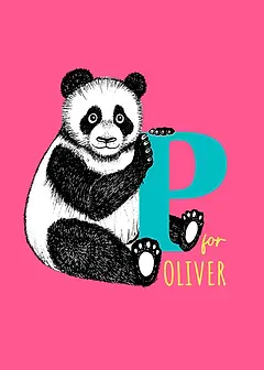 Playful Card by Little Sketch Studio - Features a detailed illustration of a panda sitting next to a large turquoise letter "P," with the word "for" in bright yellow, set against a vibrant pink background