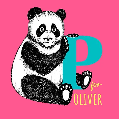 Playful Card by Little Sketch Studio - Features a detailed illustration of a panda sitting next to a large turquoise letter "P," with the word "for" in bright yellow, set against a vibrant pink background