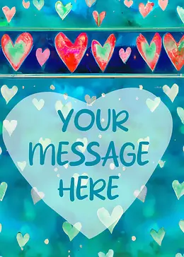 Customisable Whimsical Card by Biscuitmoon Designs - Scattered pastel and bold hearts floating against a soft, textured blue-green backdrop