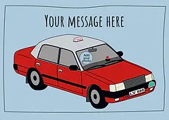 Charming Card by Graphik Recollection - illustration showing three taxis in different colors (red, green, and blue) with distinctive features like registration numbers and roof lights, against a turquoise backdrop