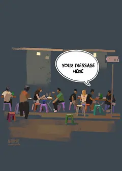 Customisable Whimsical Card by Sketcher Sid - A vibrant illustration of people dining at small tables under soft lighting, with a central speech bubble for text input