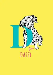 Playful Card by Little Sketch Studio - illustration of a dog next to a large blue letter "D," with "for" in pink, all against a sunny yellow backdrop