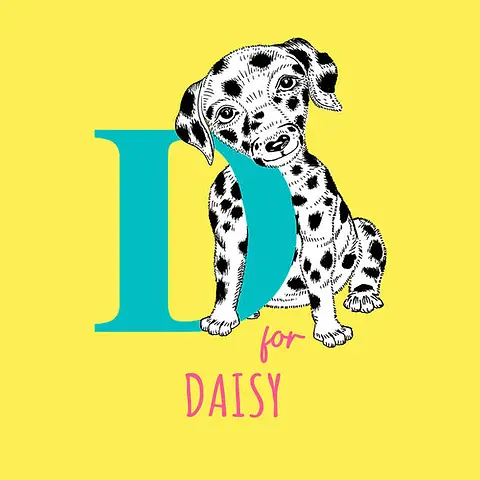 Playful Card by Little Sketch Studio - illustration of a dog next to a large blue letter "D," with "for" in pink, all against a sunny yellow backdrop