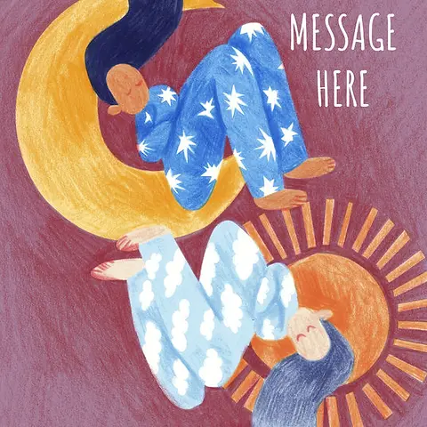 Vibrant Card by Suison Ma - Two figures in cozy pajamas, one nestled on a crescent moon and the other on a sun, set against a rich backdrop