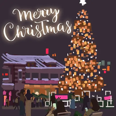 Joyful Card by Sketcher Sid - illustration of a large, illuminated Christmas tree surrounded by people relaxing and enjoying the holiday spirit, with the phrase "Merry Christmas" 