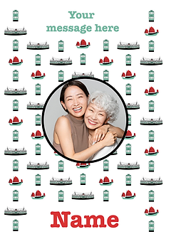 Playful Card by Liz Fry Design - Features a repeating pattern of boats and green buildings on a white background with a prominent black circle in the center and two blank spaces for customization