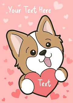 Playful Card by Pawsome Island -  A cheerful corgi with a brown and white coat holds a red heart in its paws, surrounded by pink hearts on a soft pink background