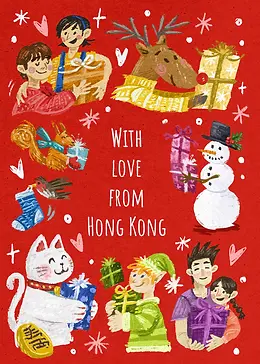 Box of Hope Christmas card features festive illustrations of people, animals, and gifts on a red background with text.