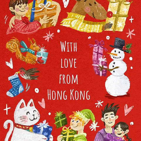 Box of Hope Christmas card features festive illustrations of people, animals, and gifts on a red background with text.