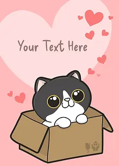 Playful Card by Pawsome Island - illustration of a black and white cat with large eyes, sitting happily in a cardboard box, surrounded by pink hearts on a light pink background