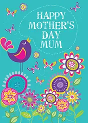 Personalised Whimsical Card by Biscuitmoon Designs - Showcases a cartoonish bird and colorful flowers, surrounded by butterflies, on a bright turquoise backdrop