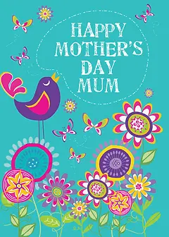 Personalised Whimsical Card by Biscuitmoon Designs - Showcases a cartoonish bird and colorful flowers, surrounded by butterflies, on a bright turquoise backdrop